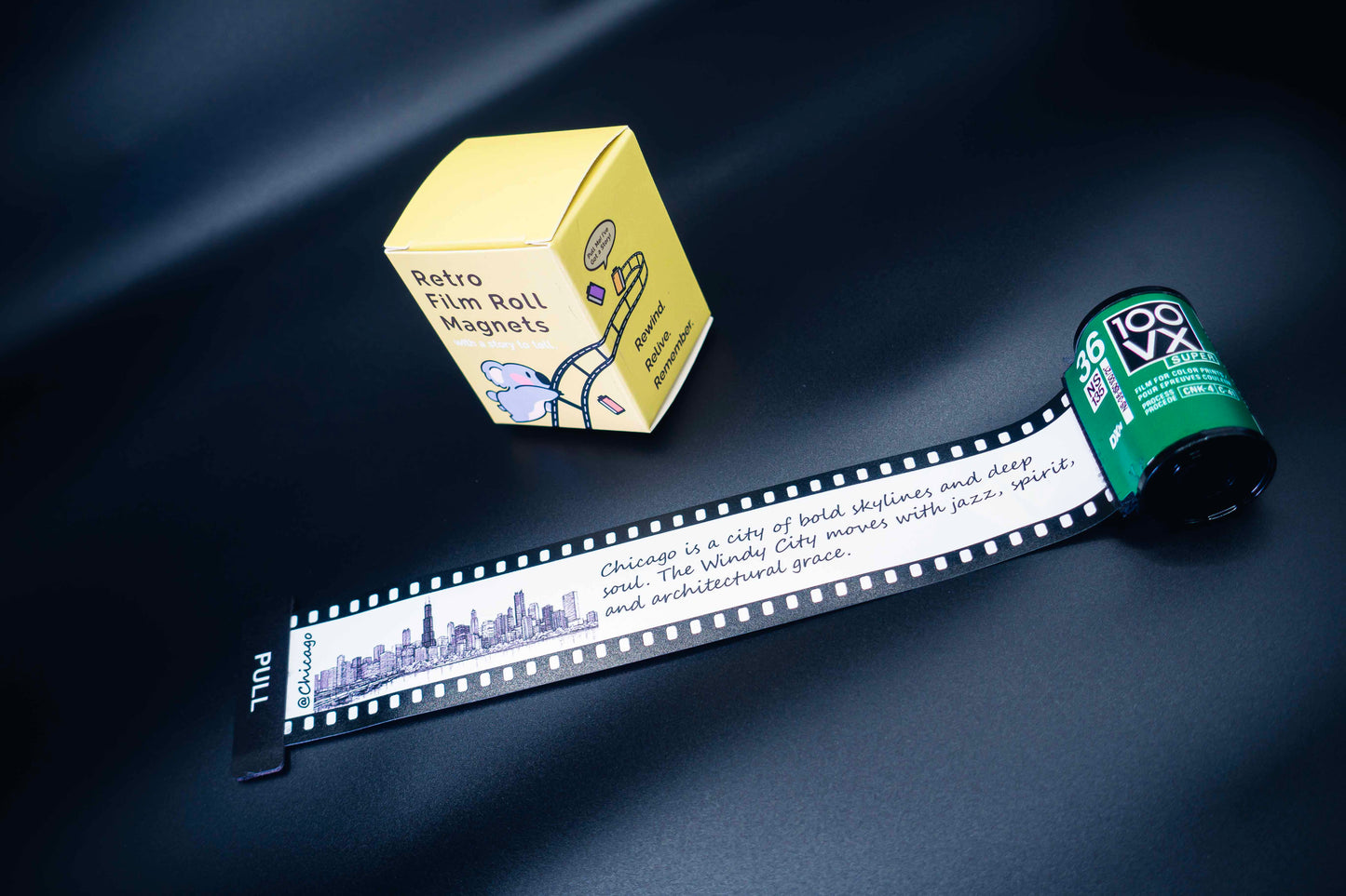 Retro Film Roll Magnet - Hand-Drawn Chicago