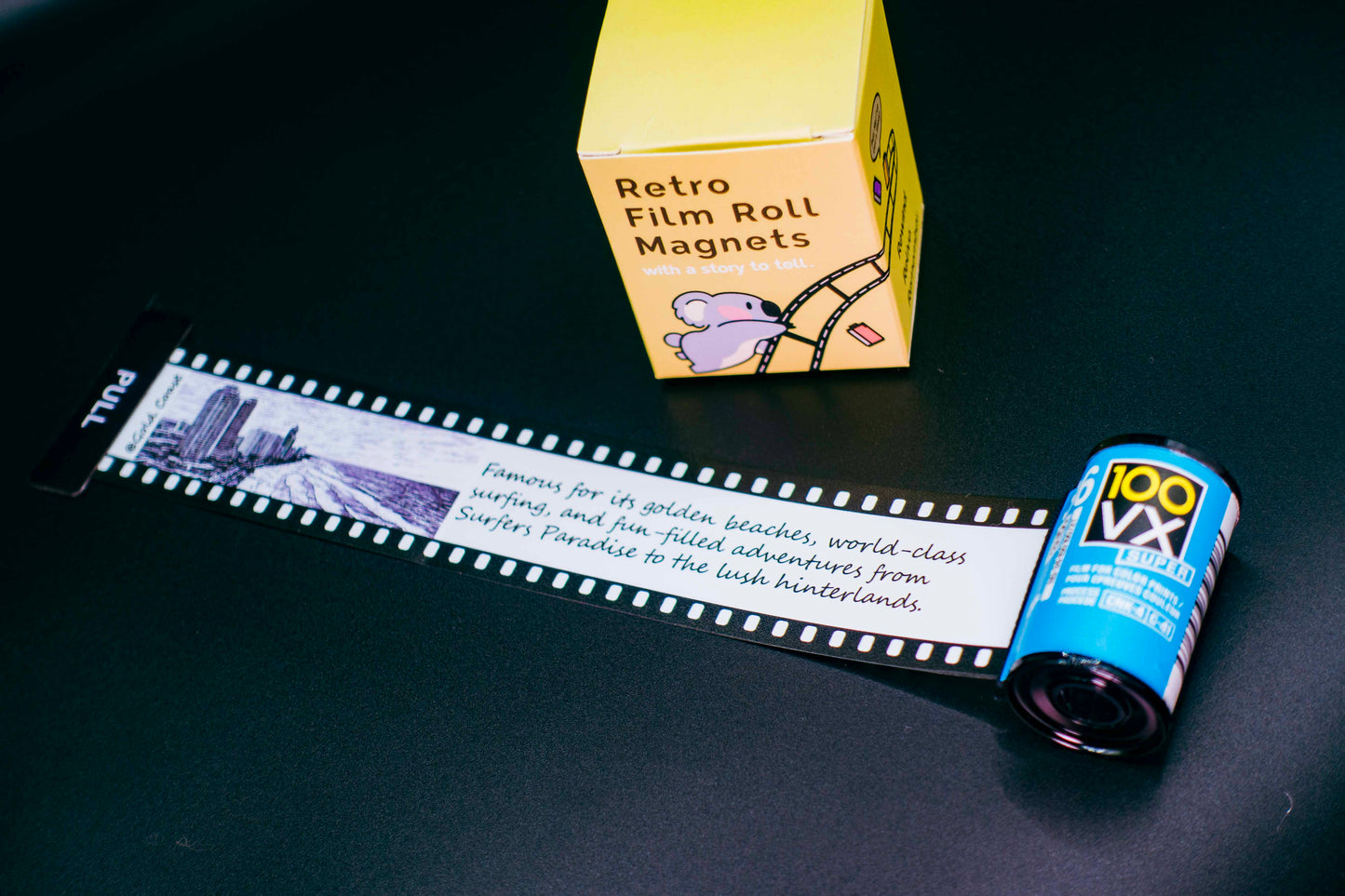 Retro Film Roll Magnet - Hand-Drawn Gold Coast